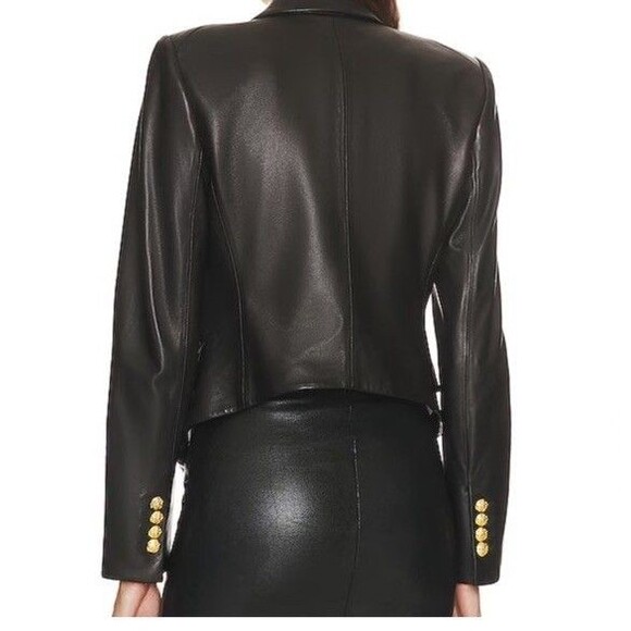 Veronica Beard Dickey Lamb Leather Blazer Jacket Cropped Black Gold Size 10 - Picture 2 of 15